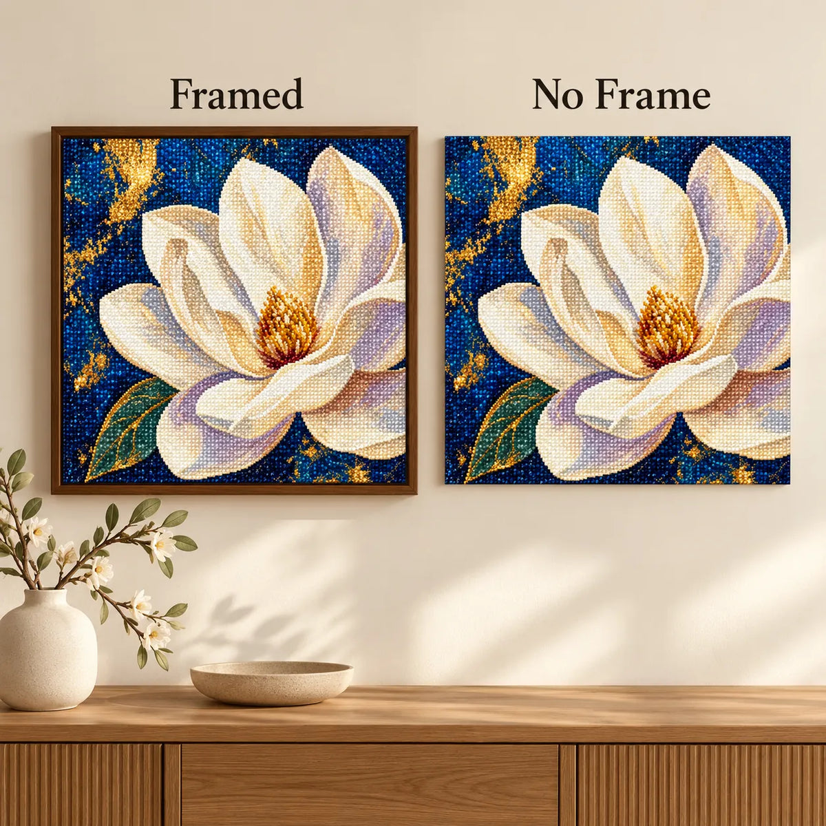Framed and no-frame comparison for Ivory Blossom On Midnight
