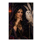 Original design of a dark-haired priestess beside an ivory white owl.
