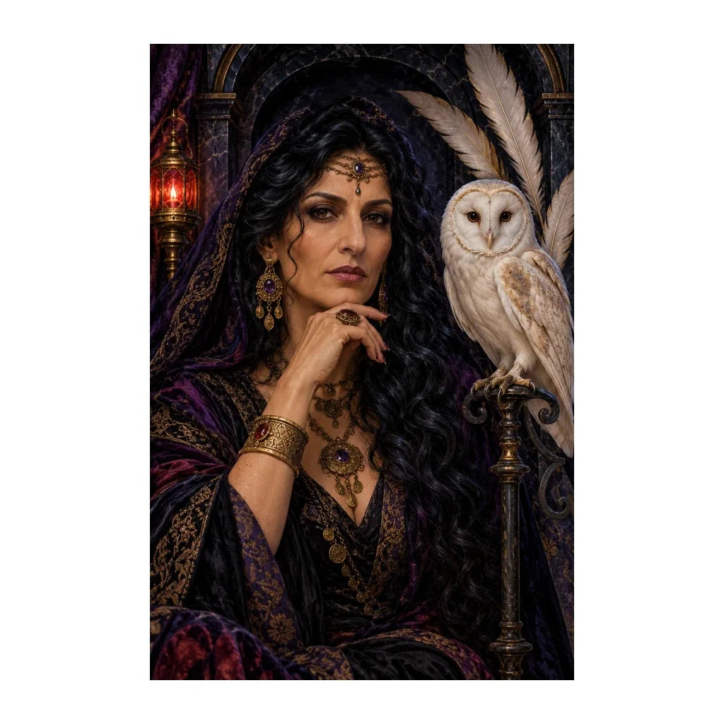 Original design of a dark-haired priestess beside an ivory white owl.