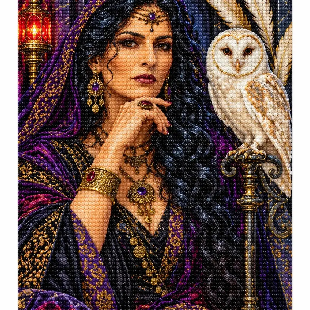Finished diamond painting of a jeweled priestess and white owl.