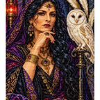 Finished diamond painting of a jeweled priestess and white owl.