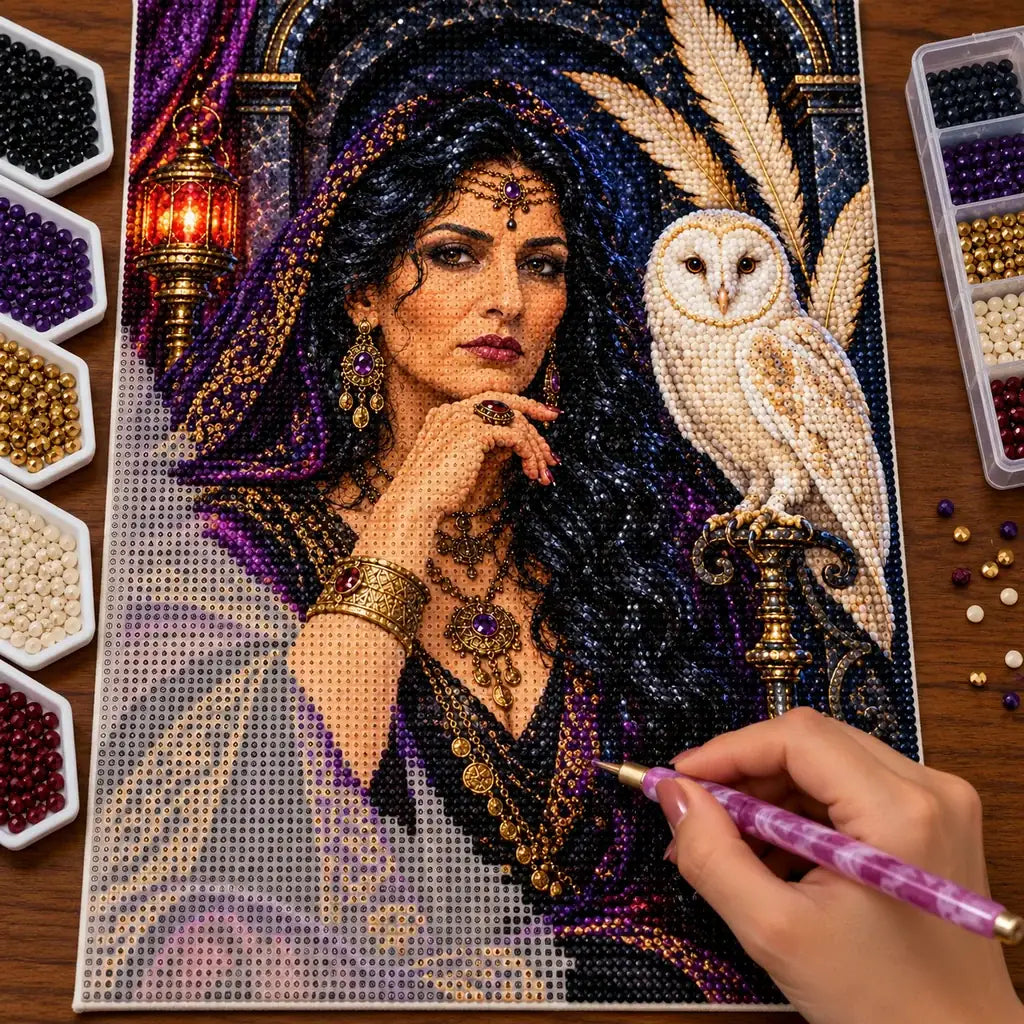 Hand placing drills on the priestess and owl diamond painting canvas.