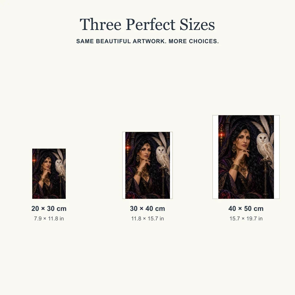 Three size options for the Ivory Owl Priestess diamond painting kit.