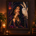 Framed Ivory Owl Priestess artwork displayed among books and candles.