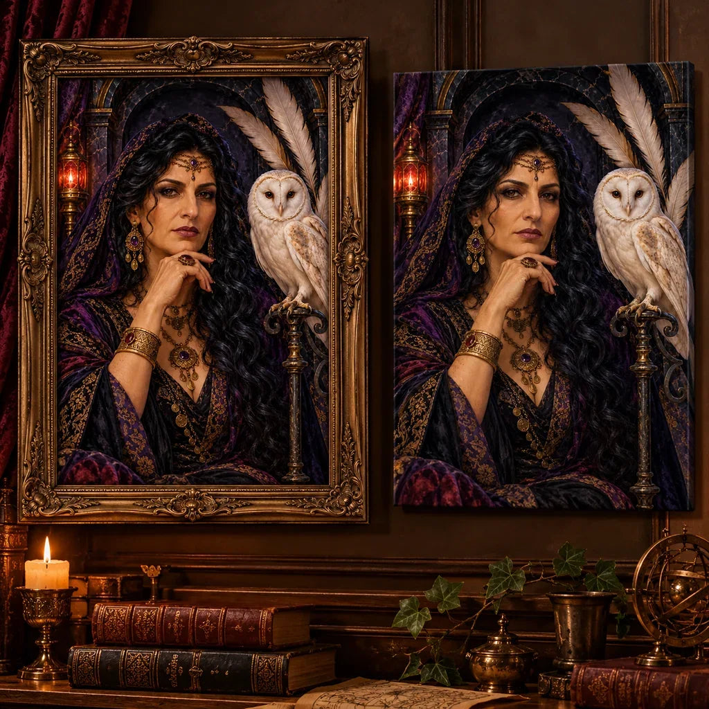 Framed and no-frame Ivory Owl Priestess designs shown side by side.