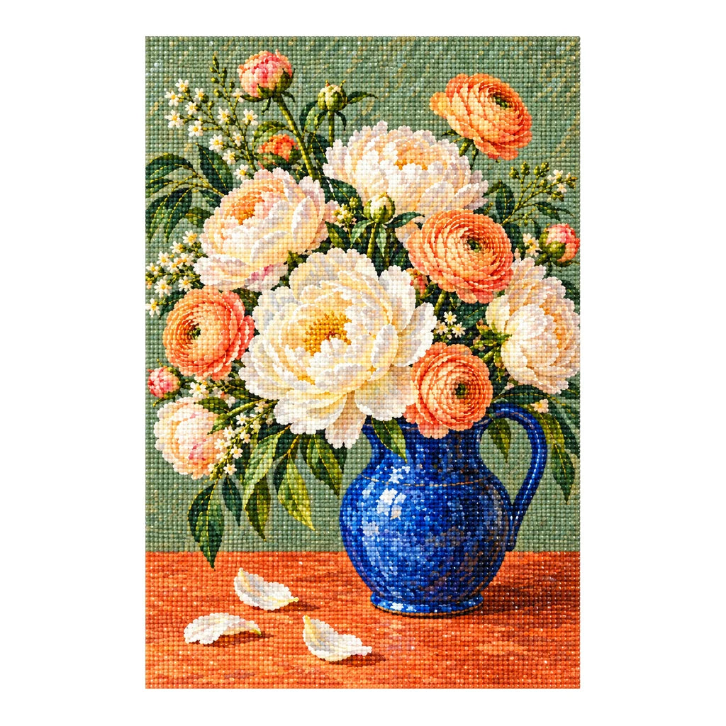 Ivory peonies arranged in a cobalt blue jug: finished diamond painting on a white background
