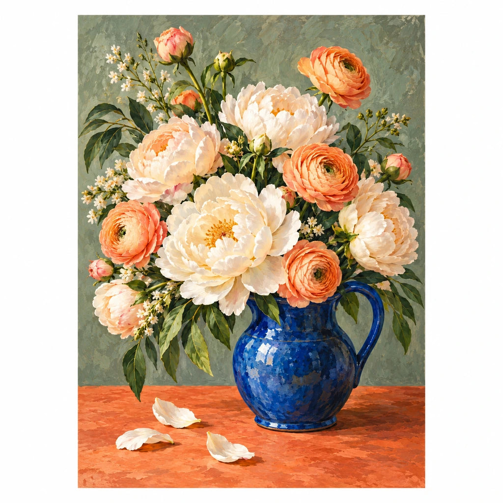 Ivory peonies arranged in a cobalt blue jug: original artwork on a white background