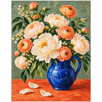 Ivory peonies arranged in a cobalt blue jug: finished diamond painting on a white background