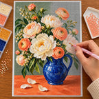 Ivory peonies arranged in a cobalt blue jug: diamond painting being completed with a pen