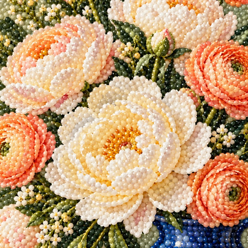 Ivory peonies arranged in a cobalt blue jug: close-up of diamond drills