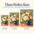 Ivory peonies arranged in a cobalt blue jug: size guide showing three available dimensions