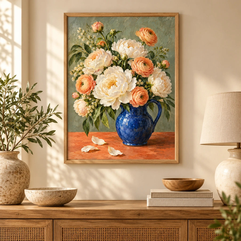 Ivory peonies arranged in a cobalt blue jug: diamond painting displayed as home wall decor