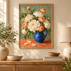 Ivory peonies arranged in a cobalt blue jug: diamond painting displayed as home wall decor