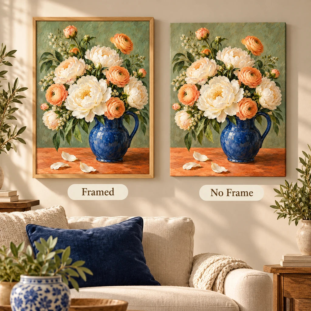 Ivory peonies arranged in a cobalt blue jug: framed and no-frame style comparison