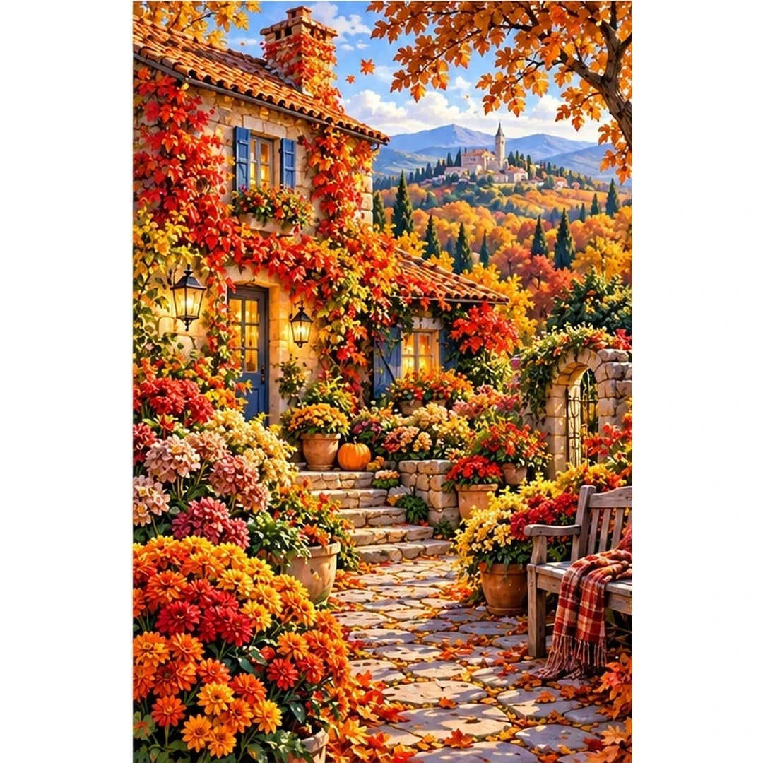 Ivy Cottage Autumn Garden — original artwork on a clean white background