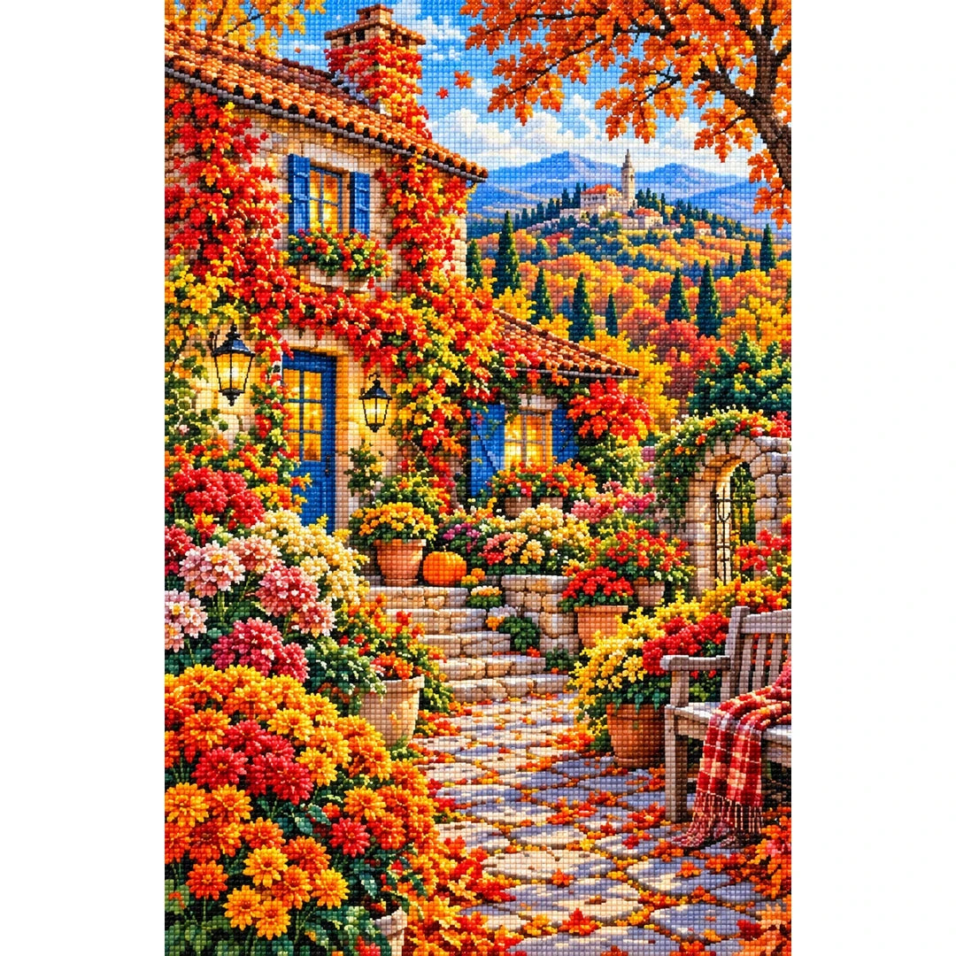 Ivy Cottage Autumn Garden — finished diamond painting on a white background
