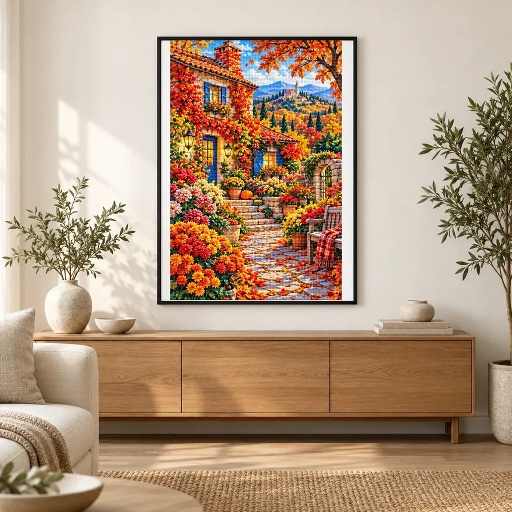 Ivy Cottage Autumn Garden — finished diamond painting displayed in a home interior