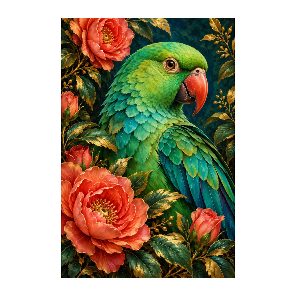 White-background original artwork of a jade-green parakeet among red roses and dark leaves