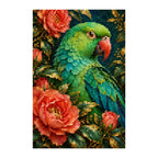 White-background finished diamond painting of an emerald parakeet with red roses