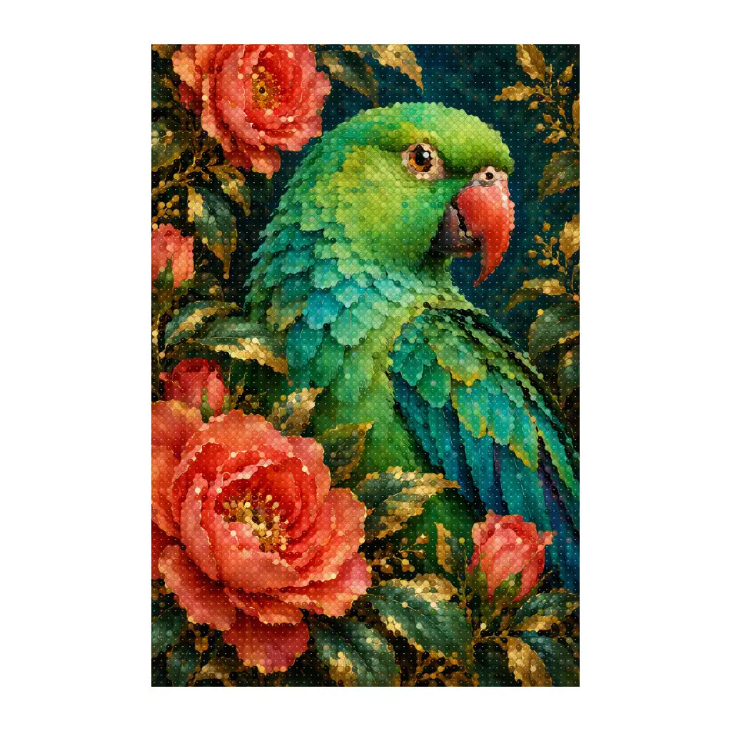White-background finished diamond painting of an emerald parakeet with red roses