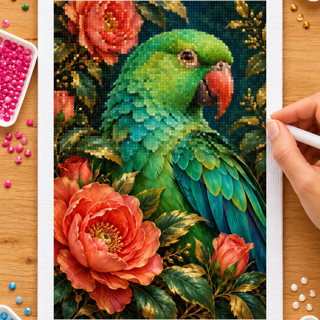 Hands placing drills on the jade parakeet and roses diamond painting canvas