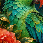 Close-up diamond detail of emerald feathers and velvety red rose petals