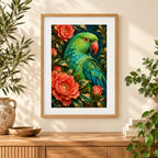 Framed home display of the jade parakeet roses diamond painting