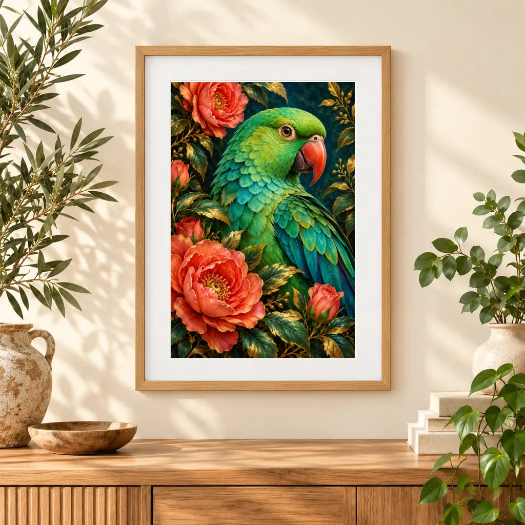 Framed home display of the jade parakeet roses diamond painting