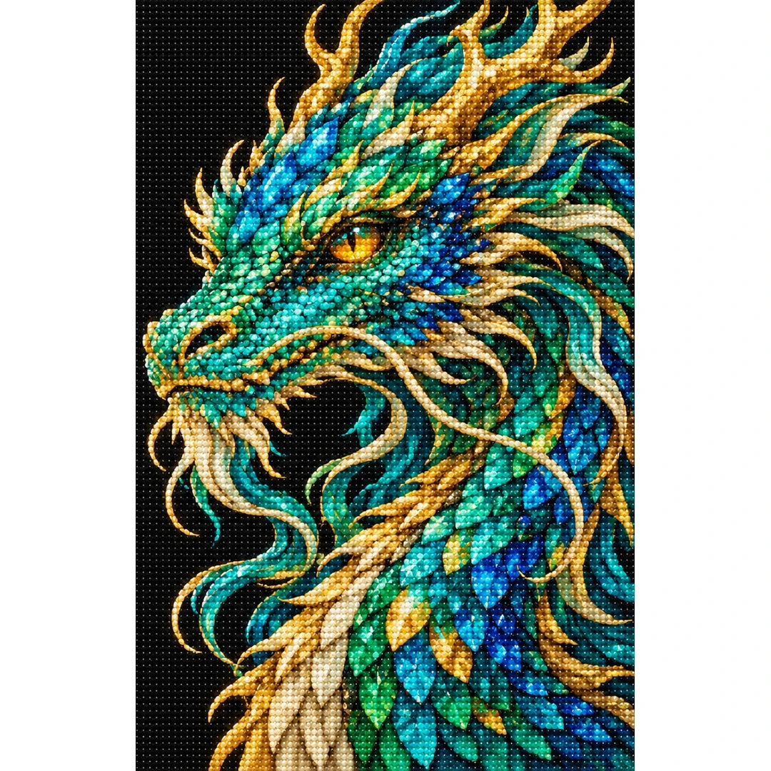 Jade Tempest Mosaic Dragon finished diamond painting on white background