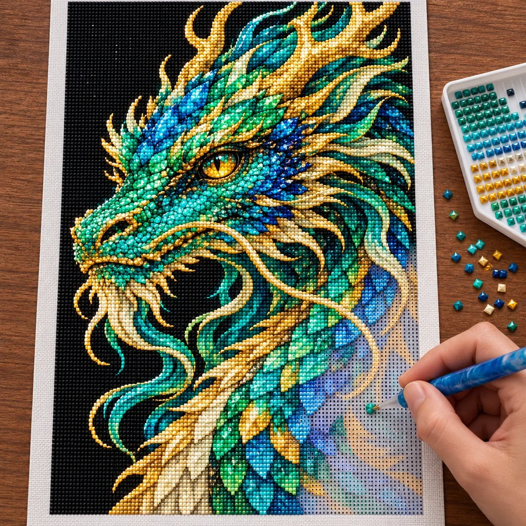 Jade Tempest Mosaic Dragon diamond painting process with pen and tray