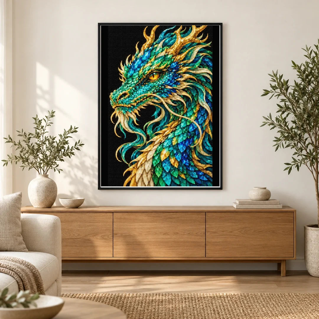Jade Tempest Mosaic Dragon finished diamond painting in a home interior