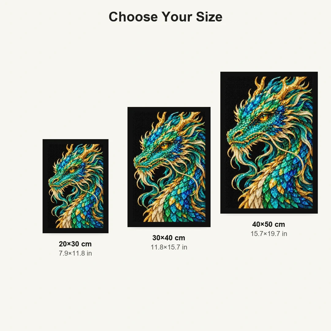 Jade Tempest Mosaic Dragon 20 by 30, 30 by 40, and 40 by 50 centimeter size guide