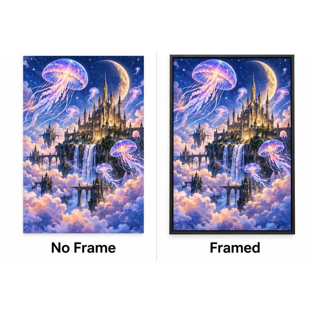 Jellyfish Moon Castle Diamond Painting Kit No Frame and Framed comparison