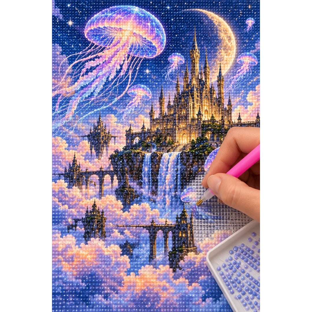 Jellyfish Moon Castle Diamond Painting Kit diamond placement process