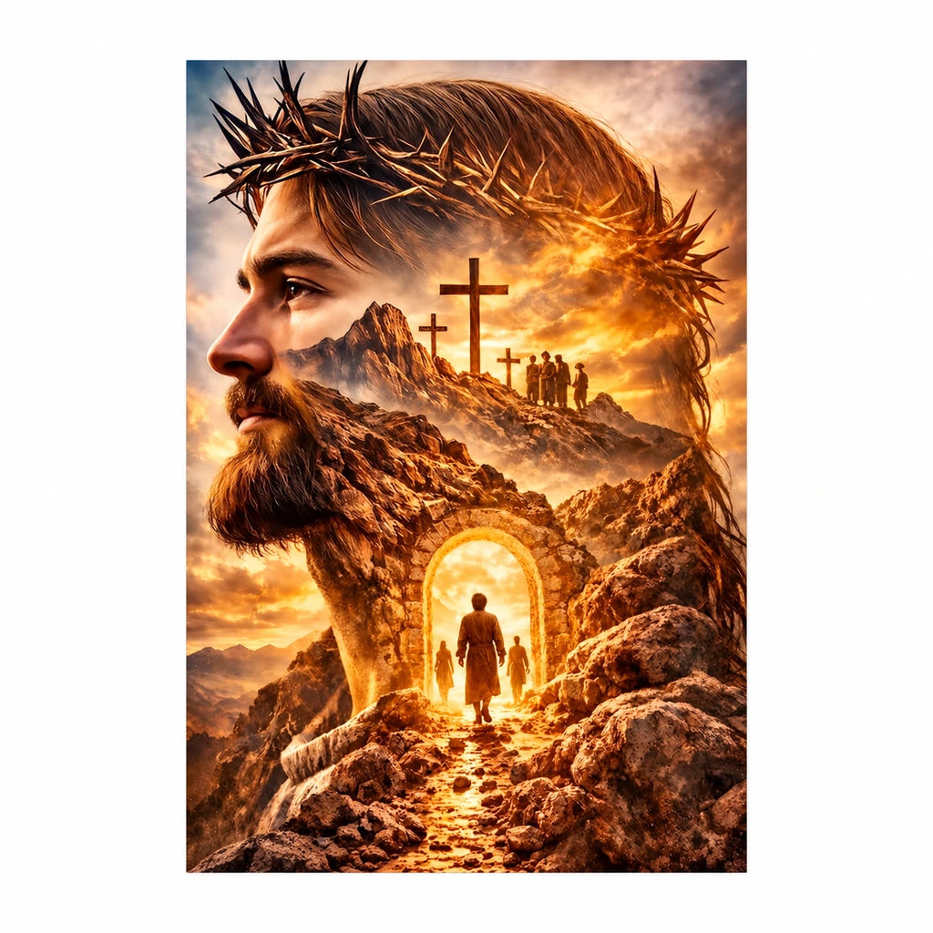 Original Jesus with crown of thorns artwork overlooking a mountain path and cross
