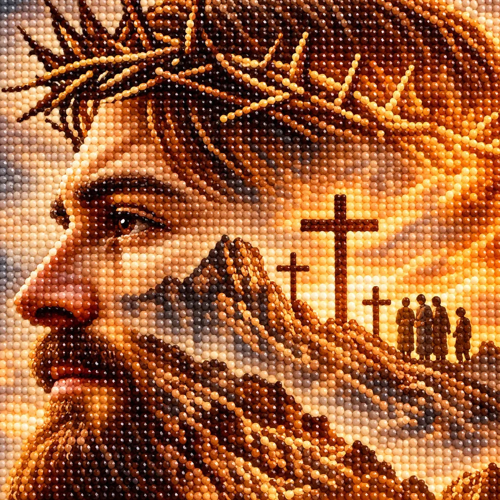 Close-up of drills on the crown of thorns and cross diamond painting artwork