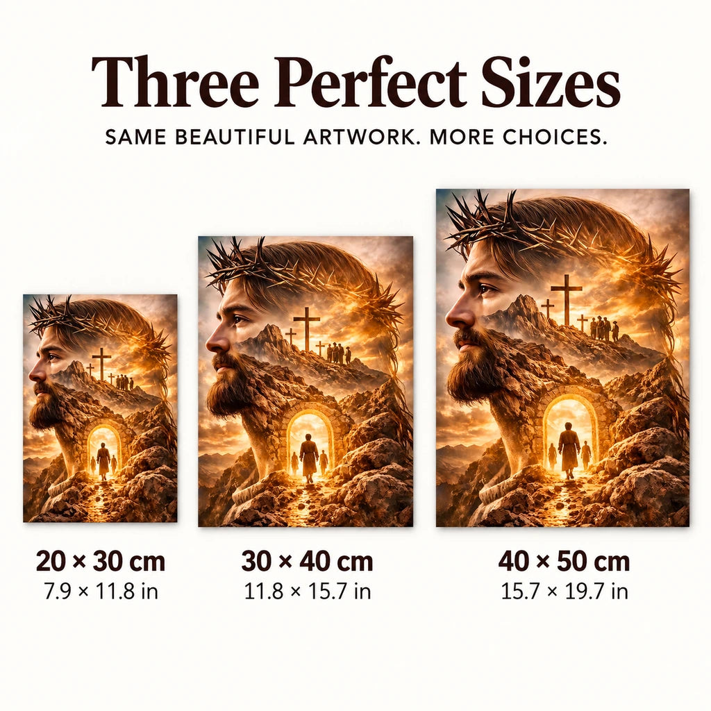 Three size options for the crown of thorns diamond painting: 20 × 30, 30 × 40, and 40 × 50 cm
