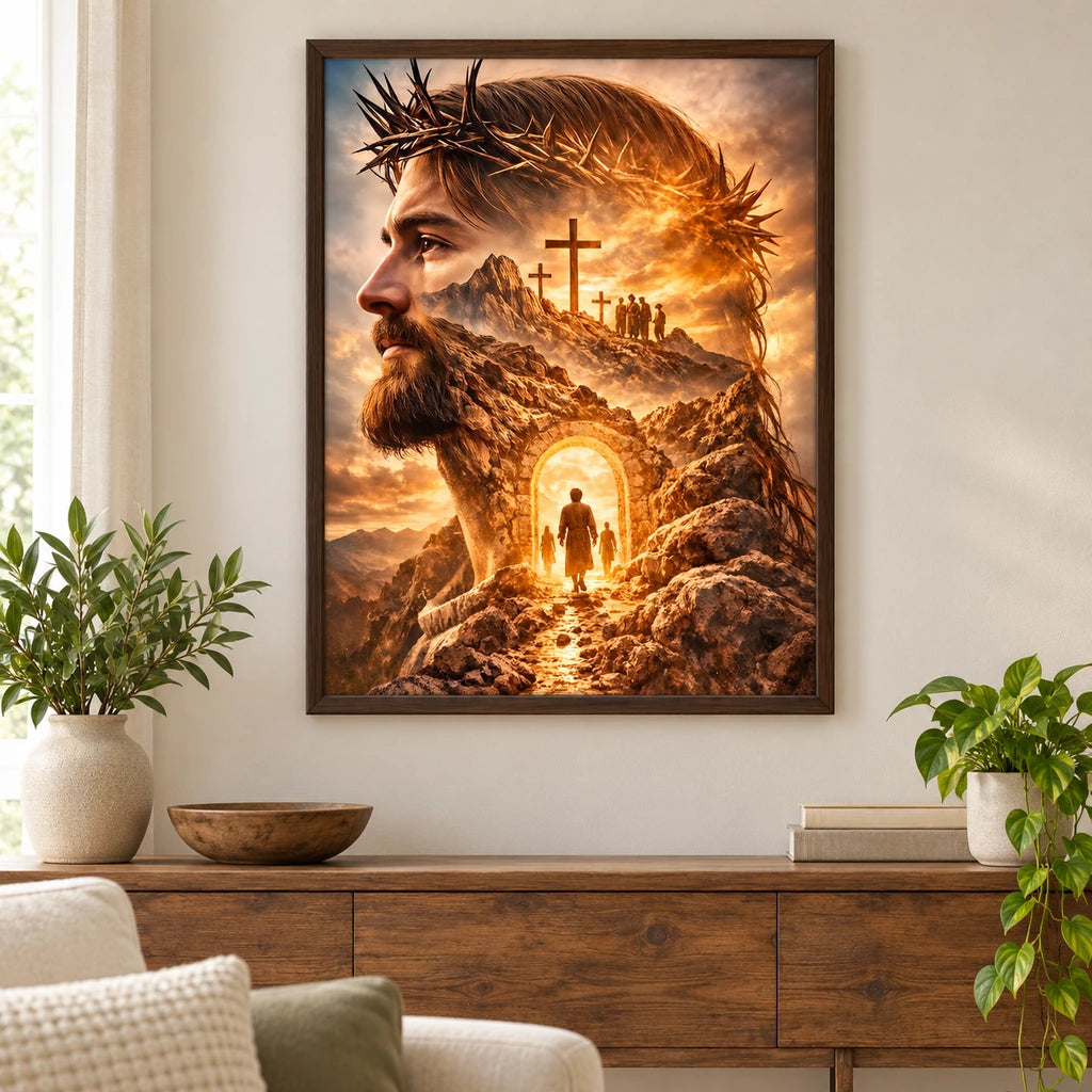 Jesus with crown of thorns diamond painting displayed as framed wall decor