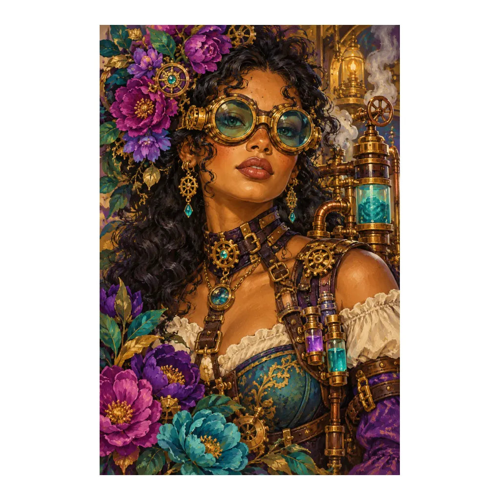 Original white-background artwork of an alchemist with emerald goggles, jeweled details and colorful flowers