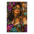 Original white-background artwork of an alchemist with emerald goggles, jeweled details and colorful flowers