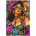 White-background diamond-painted canvas showing an alchemist with emerald goggles, jeweled details and colorful flowers