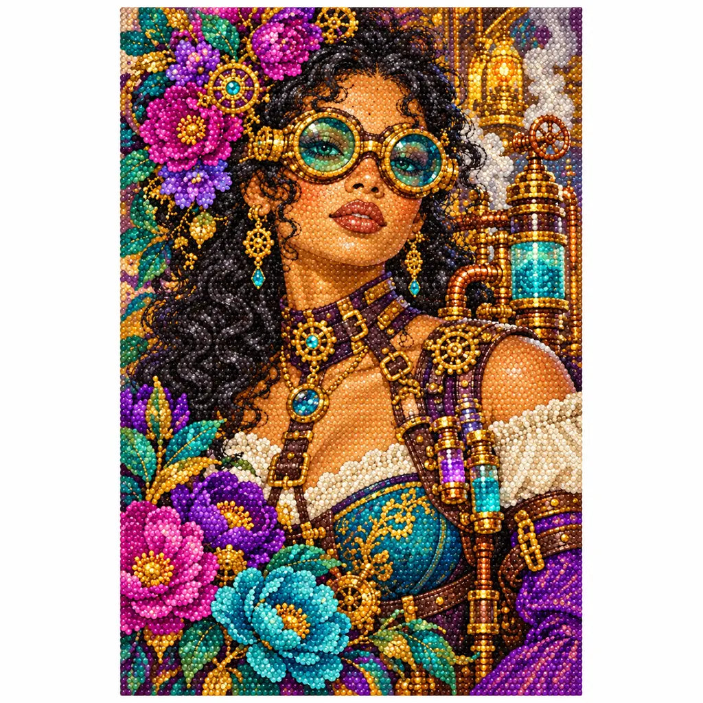 White-background diamond-painted canvas showing an alchemist with emerald goggles, jeweled details and colorful flowers