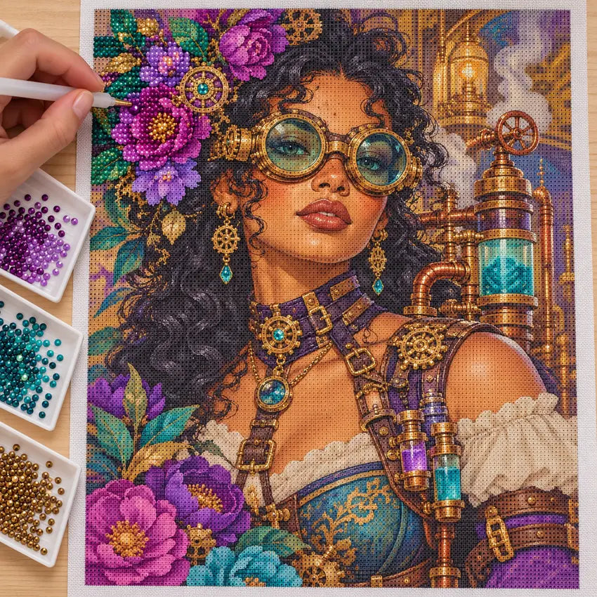 Hands placing diamond drills on the jewel alchemist canvas