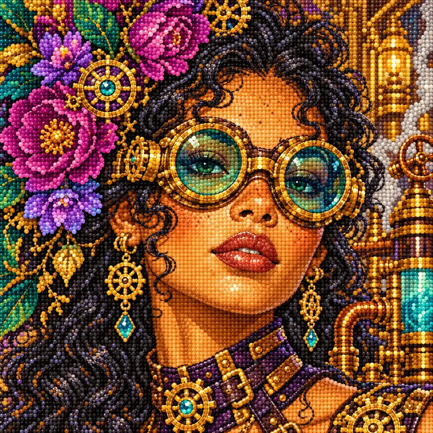 Close-up of faceted drills forming an alchemist with emerald goggles, jeweled details and colorful flowers