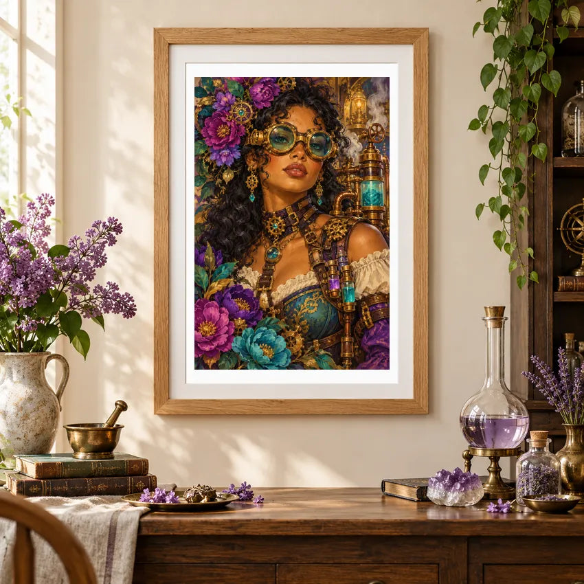 Framed diamond painting of an alchemist with emerald goggles, jeweled details and colorful flowers displayed in a home interior