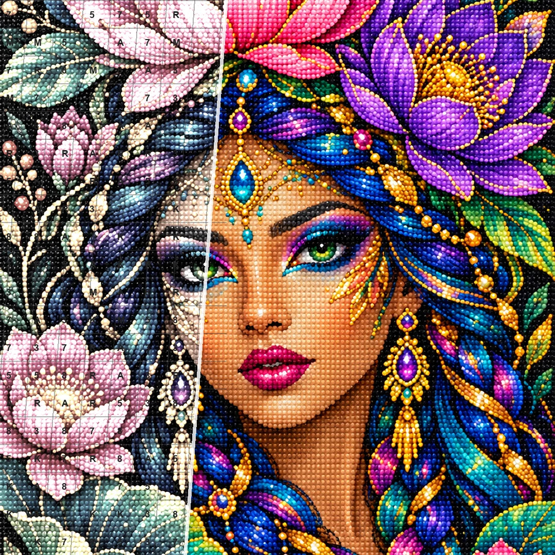 Jeweled Lotus Queen Diamond Painting Kit — Diamond and canvas detail