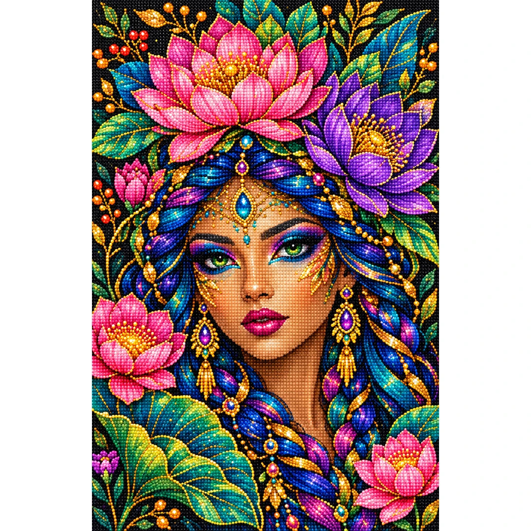 Jeweled Lotus Queen Diamond Painting Kit — Finished white-background diamond painting