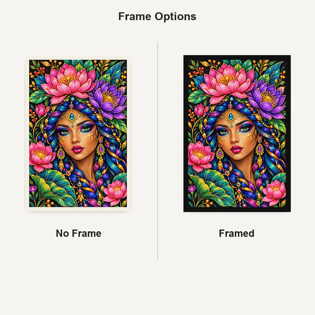 Jeweled Lotus Queen Diamond Painting Kit — No Frame and Framed comparison