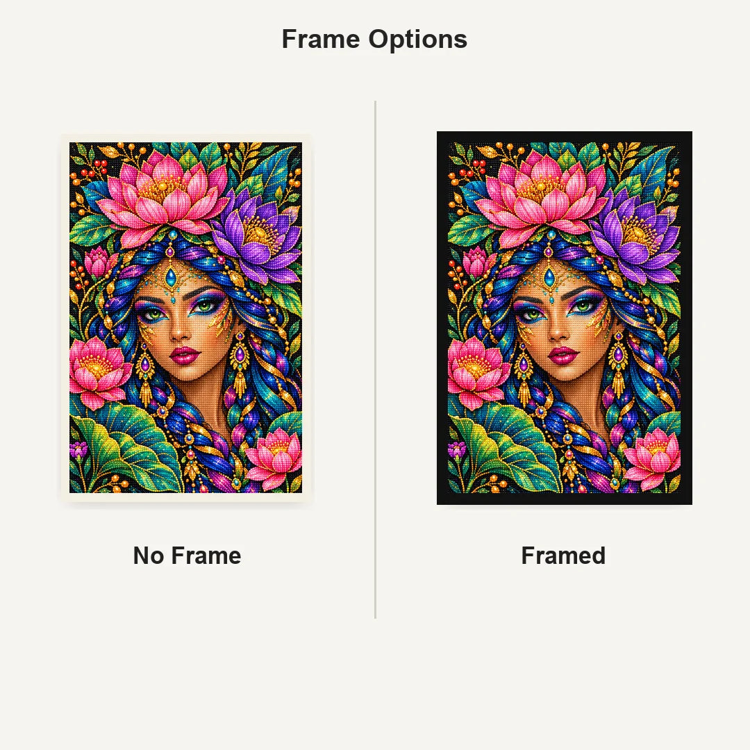 Jeweled Lotus Queen Diamond Painting Kit — No Frame and Framed comparison