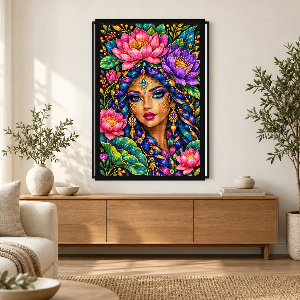 Jeweled Lotus Queen Diamond Painting Kit — Home decor scene
